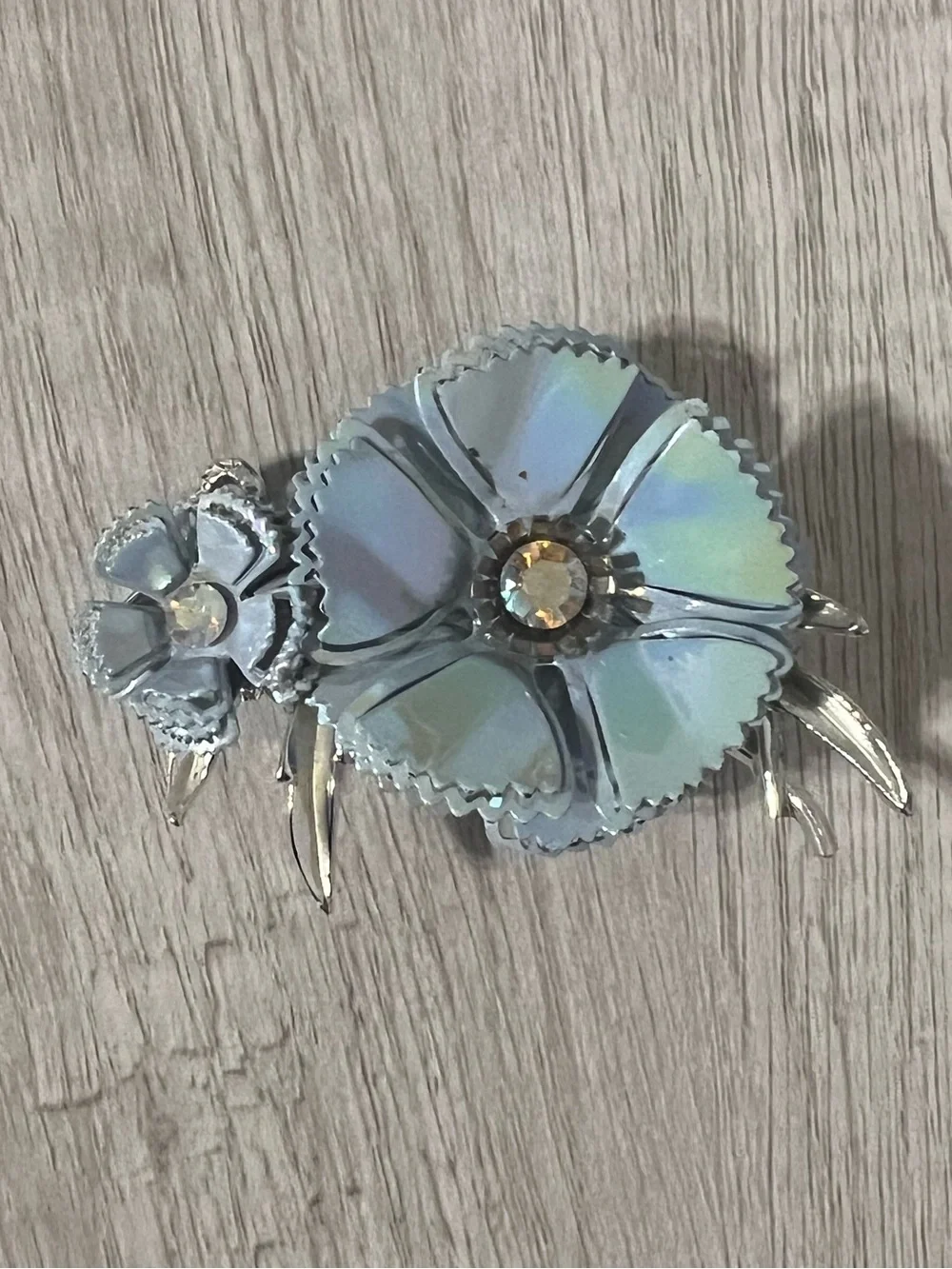 Vintage 1960s Silver-Tone Iridescent Floral Brooch rare find